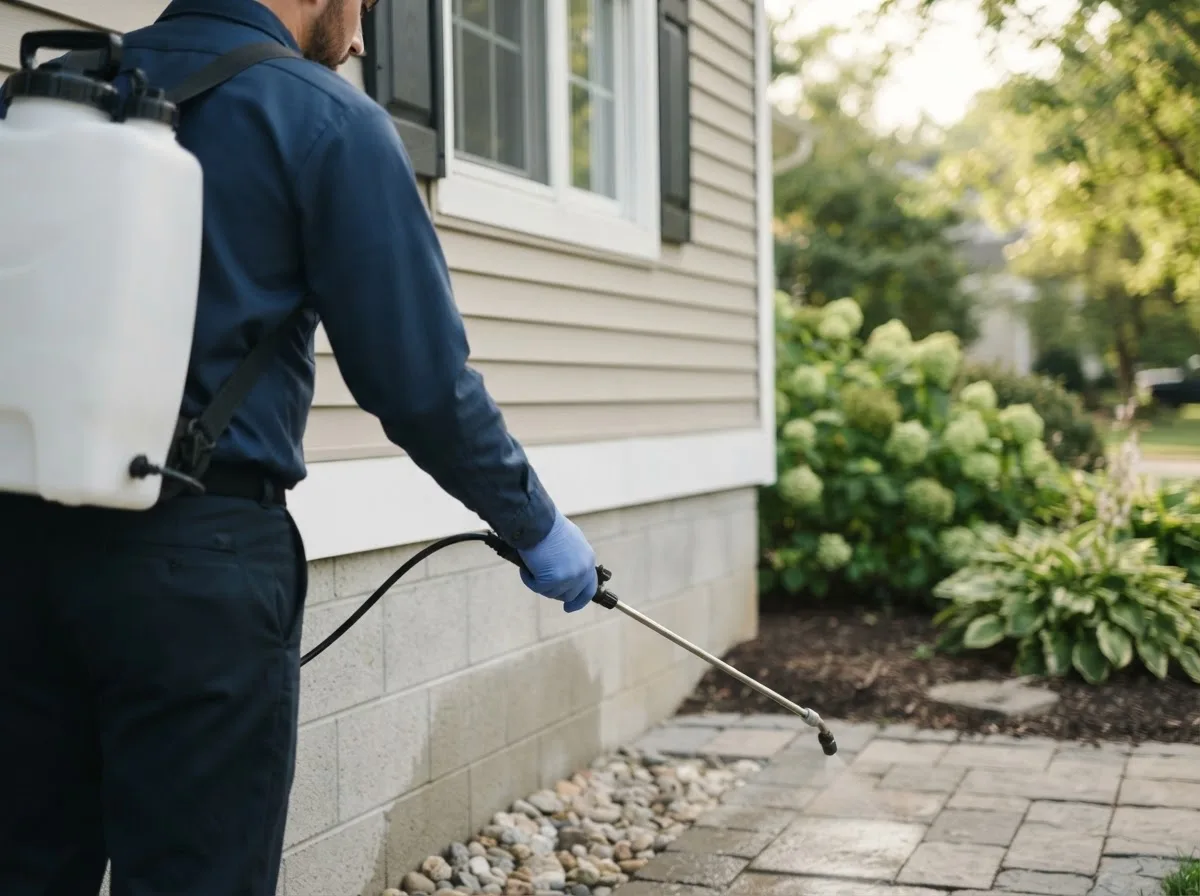 Pest control technician inspecting a home in Firth, NE